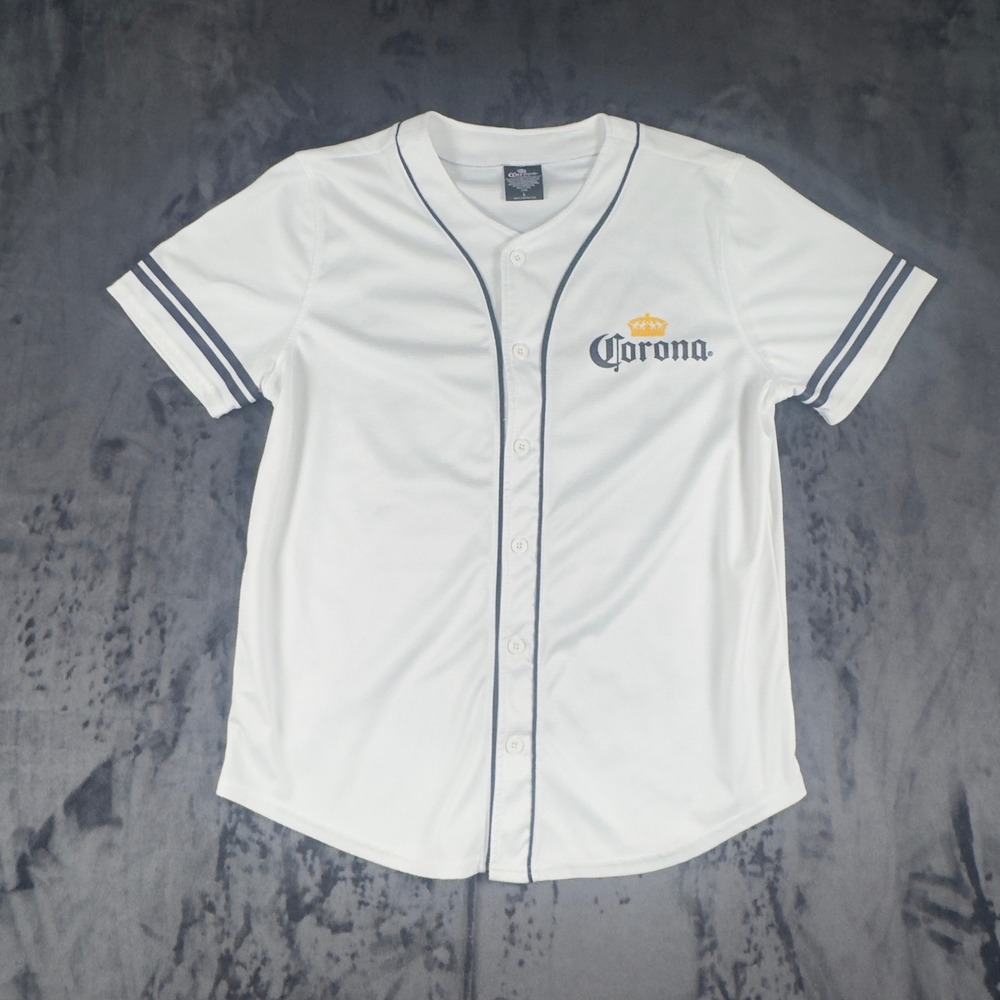 Corona Baseball Jersey Mens Large White Blue La Cerveza Mas Fina 25 Beer Promo